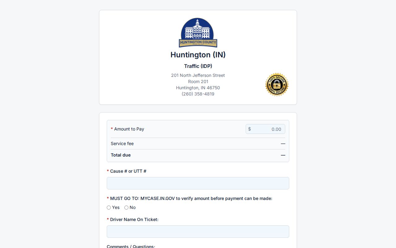 Huntington County traffic warrant payment fields