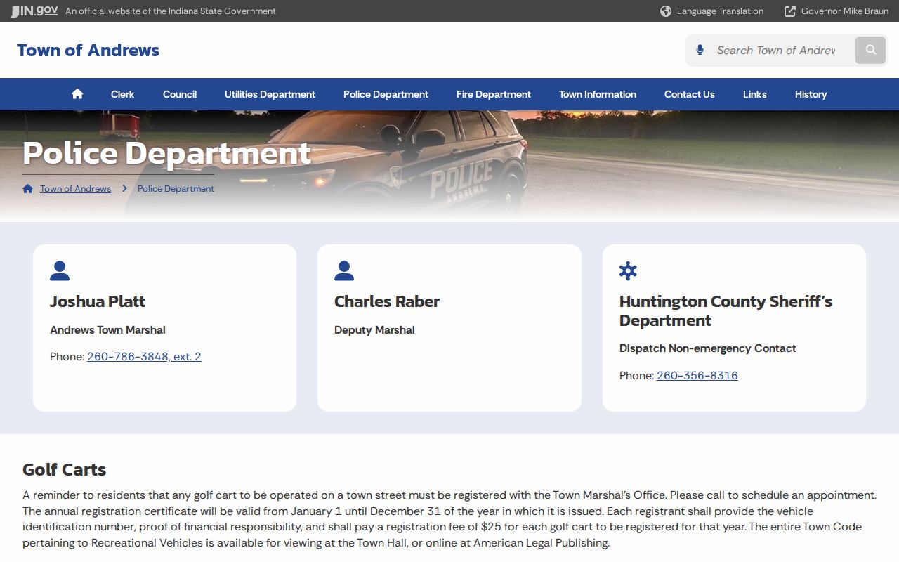 Official Andrews Town Marshal and Sheriff dispatch contact routes