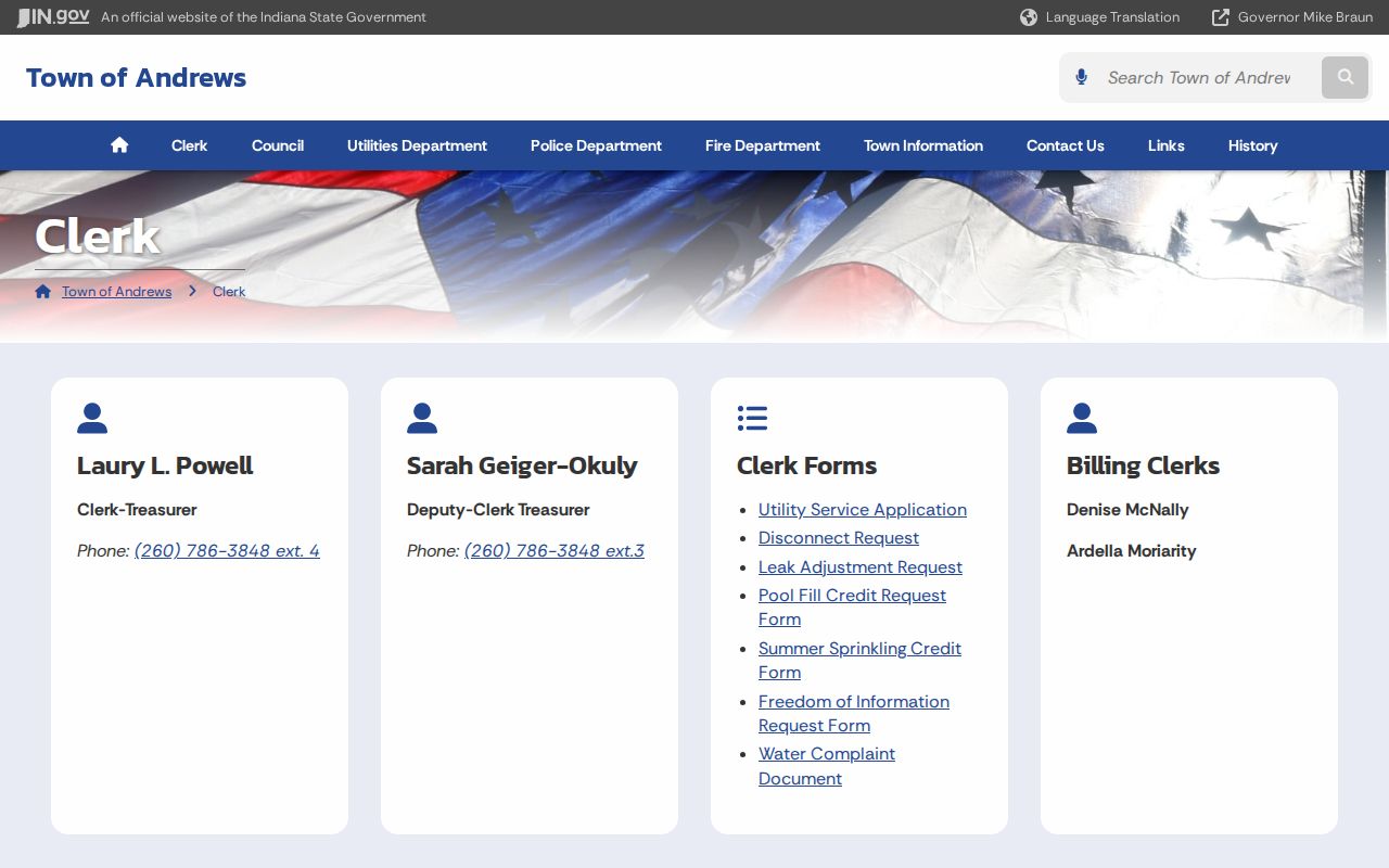 Official Andrews Clerk-Treasurer office and public records information