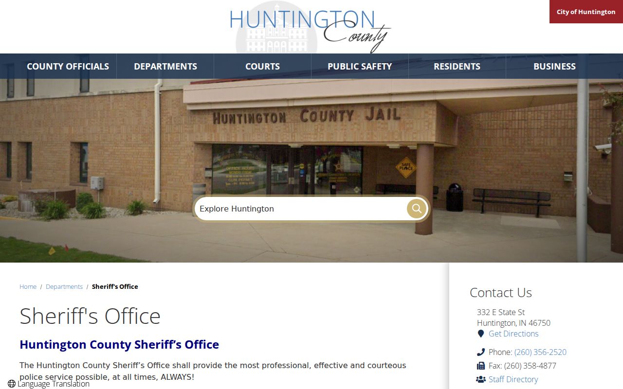 Huntington County Sheriff warrant records contact page